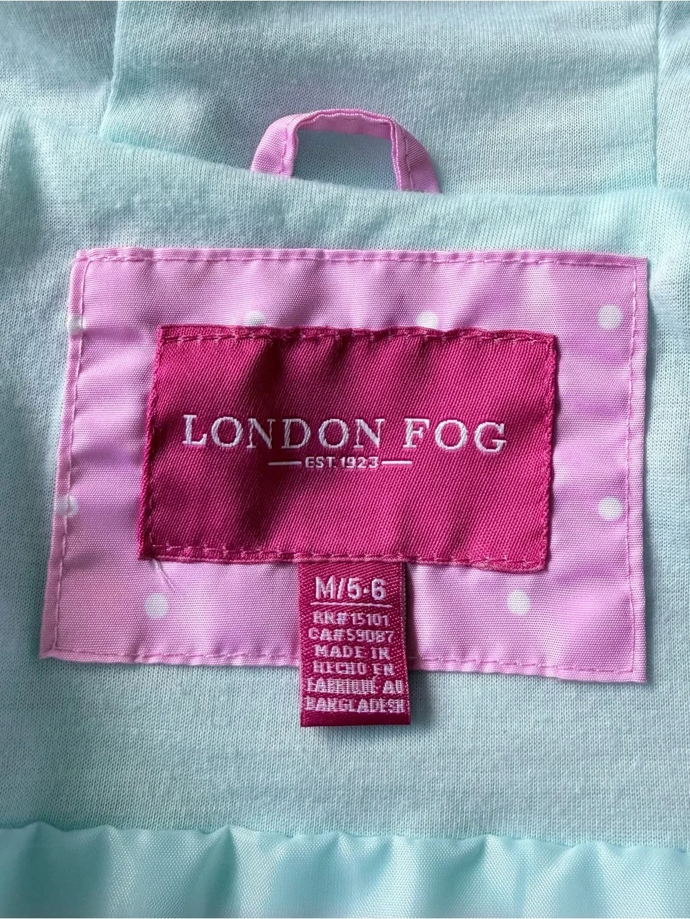 London Fog girls pink polka dot rain jacket with cat face/ears hood size 5/6